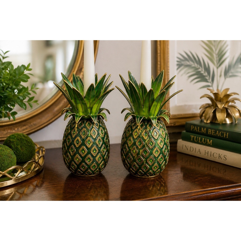 Vintage Cloisonne Pineapple Candlestick Holders‎ Green Gold Tropical Boho Decor